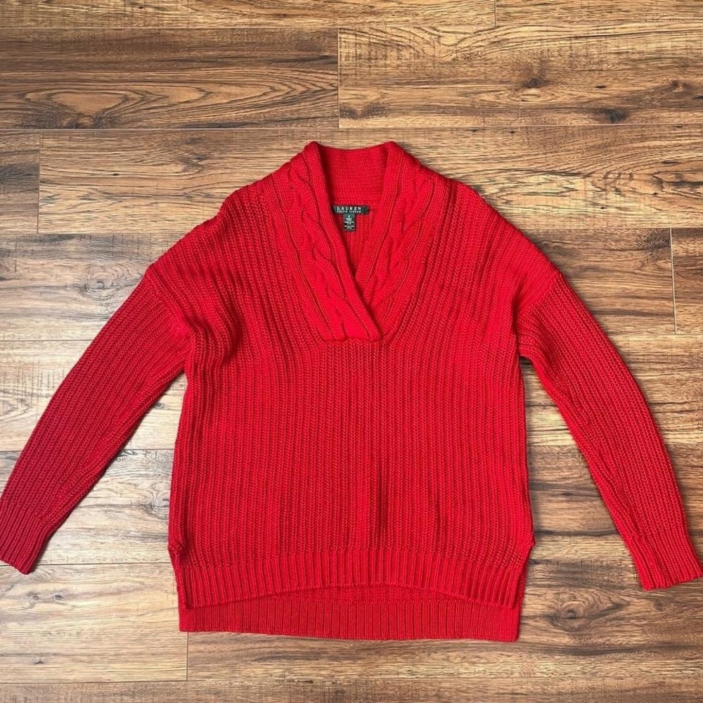 Ralph Lauren Red Ribbed Knit Sweater Chunky Cable Knit Women‎ Small Minimalist